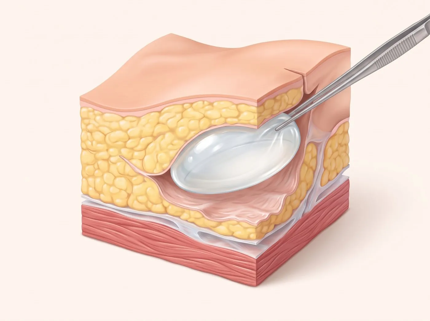피부 가장자리의 절개로 겸자가 보형물을 통째로 들어 올리는 그림
